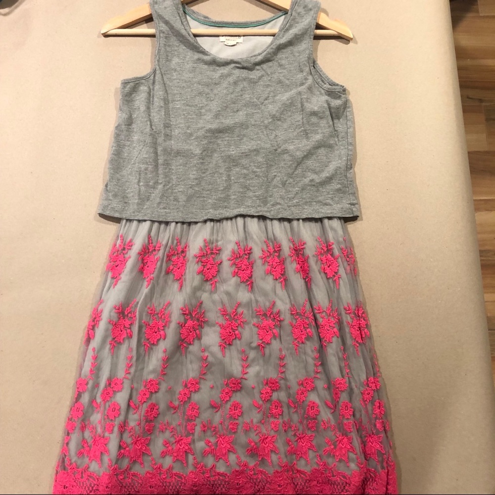 Johnny B Gray dress with pink lace skirt.